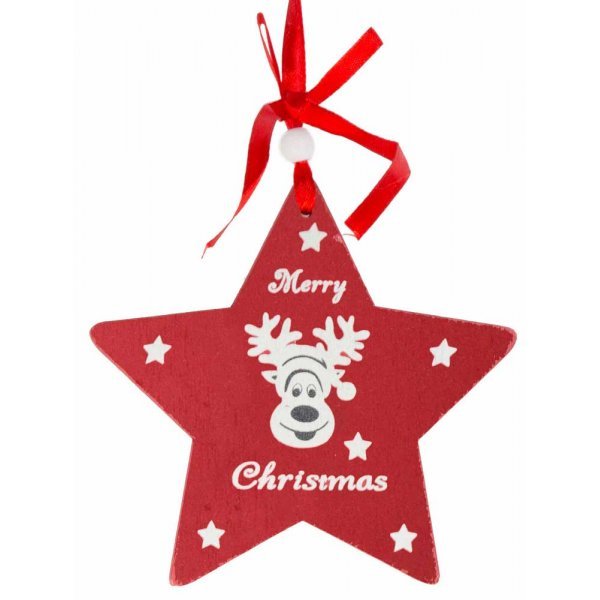 Χριστουγεννιάτικο Κρεμαστό Ξύλινο Αστέρι, Κόκκινο με Τάρανδο και Merry Christmas (14cm)